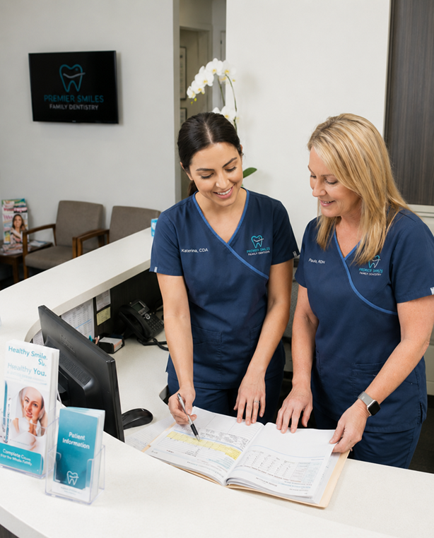 Continuing Education for front desk. Two patinet coordinators checking paperwork.